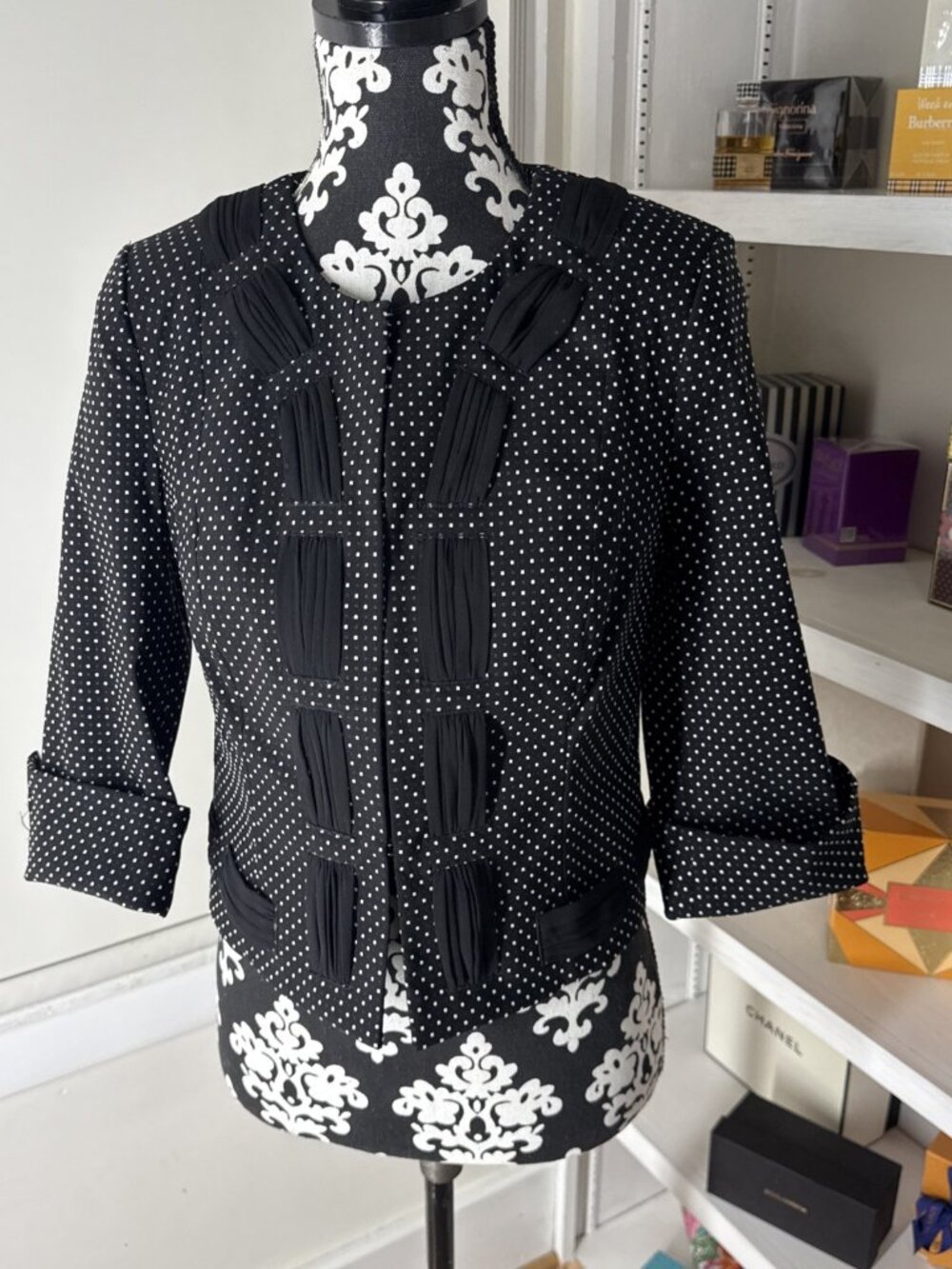 Cabi Jacket Top Polka Dot Blazer Women's 4 Crop Polka Dot Black White Stretchy
